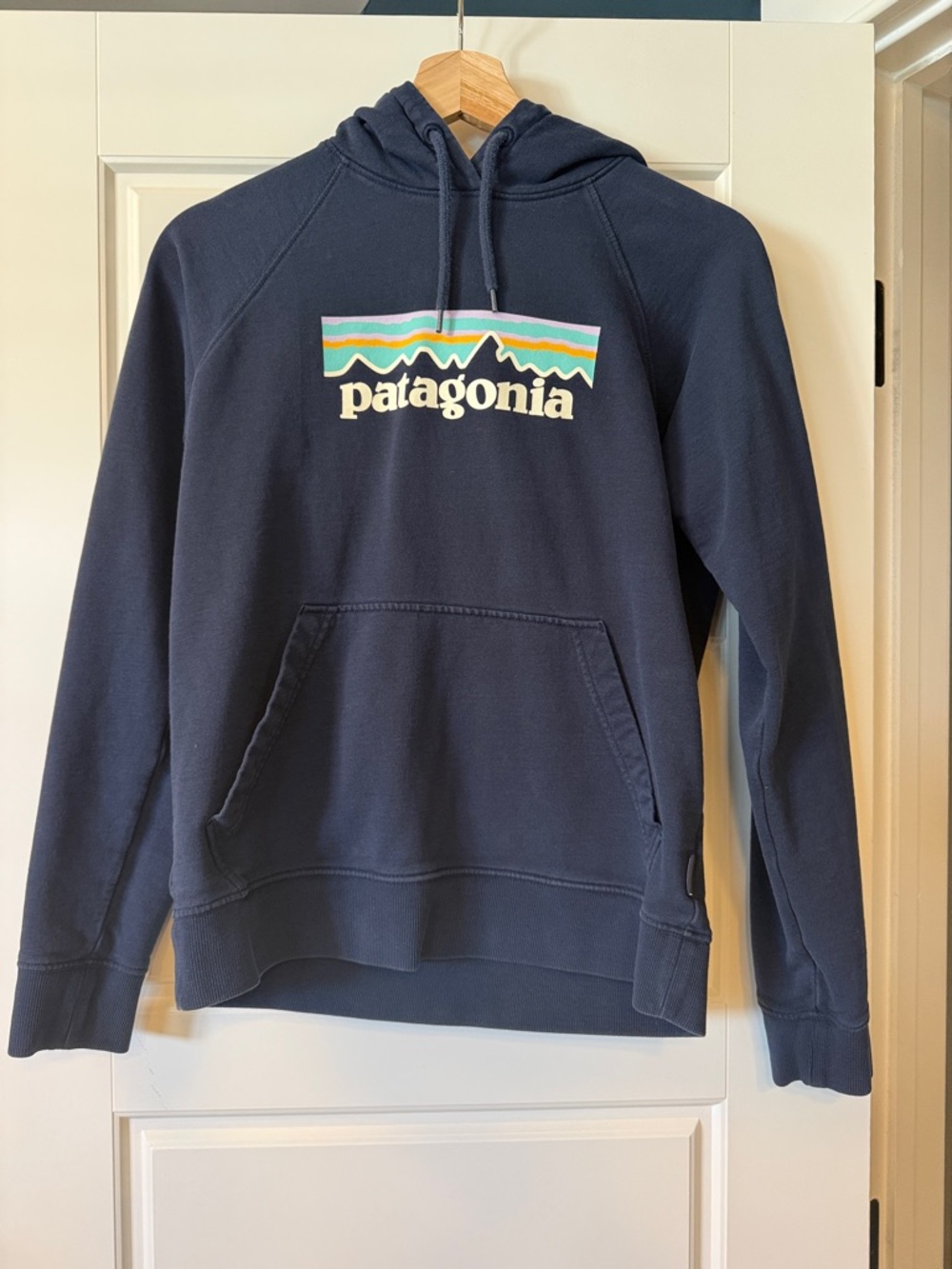 Patagonia Organic Cotton Navy Hoodie with Striped Mountain Logo